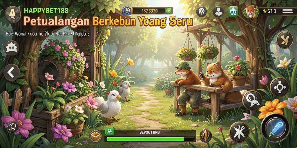 Tangkapan layar gameplay <strong>HAPPYBET188</strong> menampilkan suasana kebun yang hidup dan interaktif.