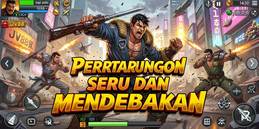 Tampilan gameplay JV88 menampilkan pertarungan penuh aksi dan karakter-karakter unik.